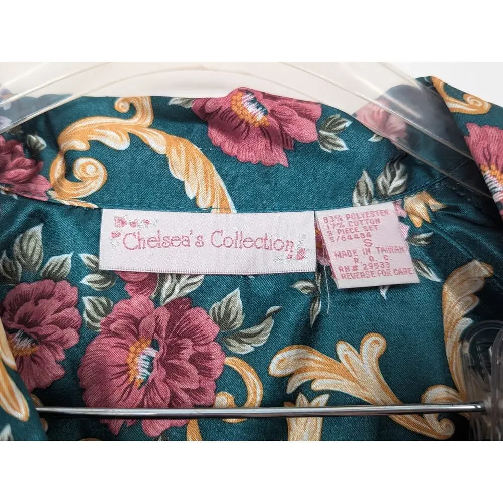 Chelsea's Collection women small green floral pajama set Vtg